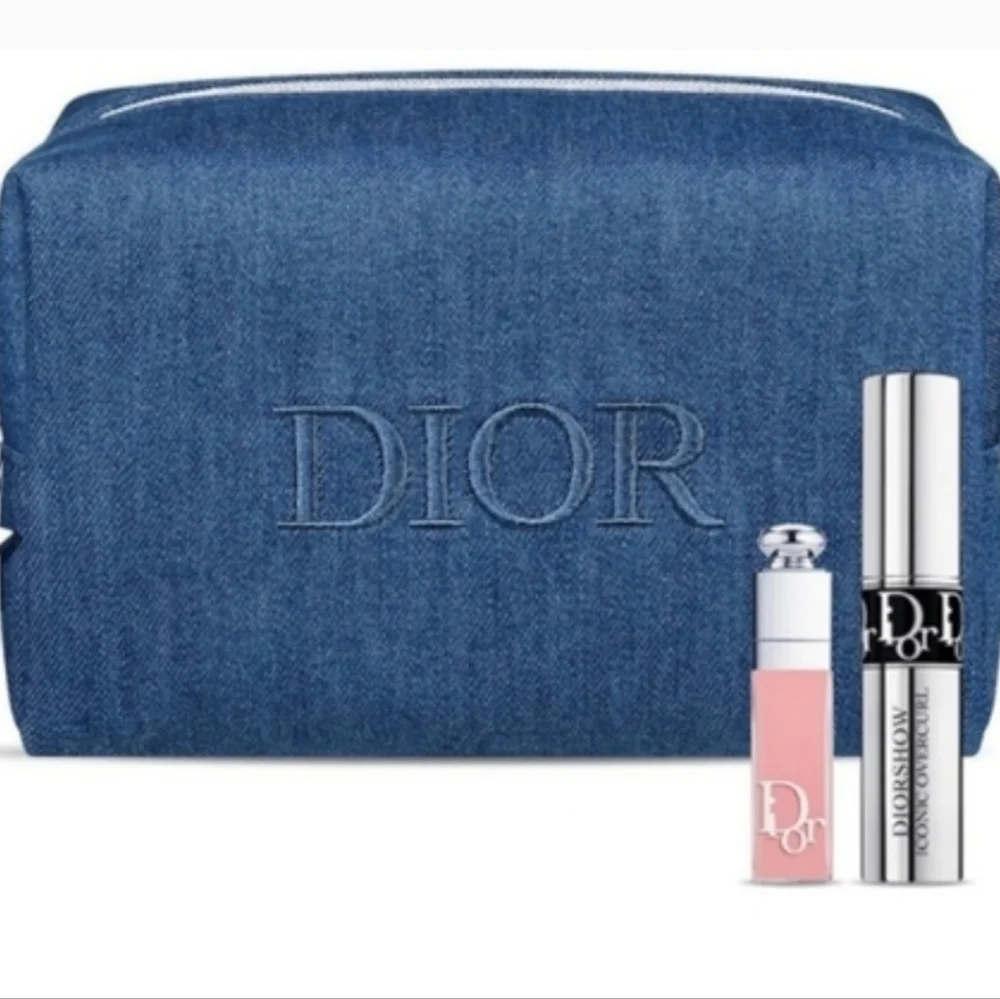 New Dior Blue Denim Cosmetic Bag with Soft Pink Lip Gloss & Black Mascara - Picture 1 of 15